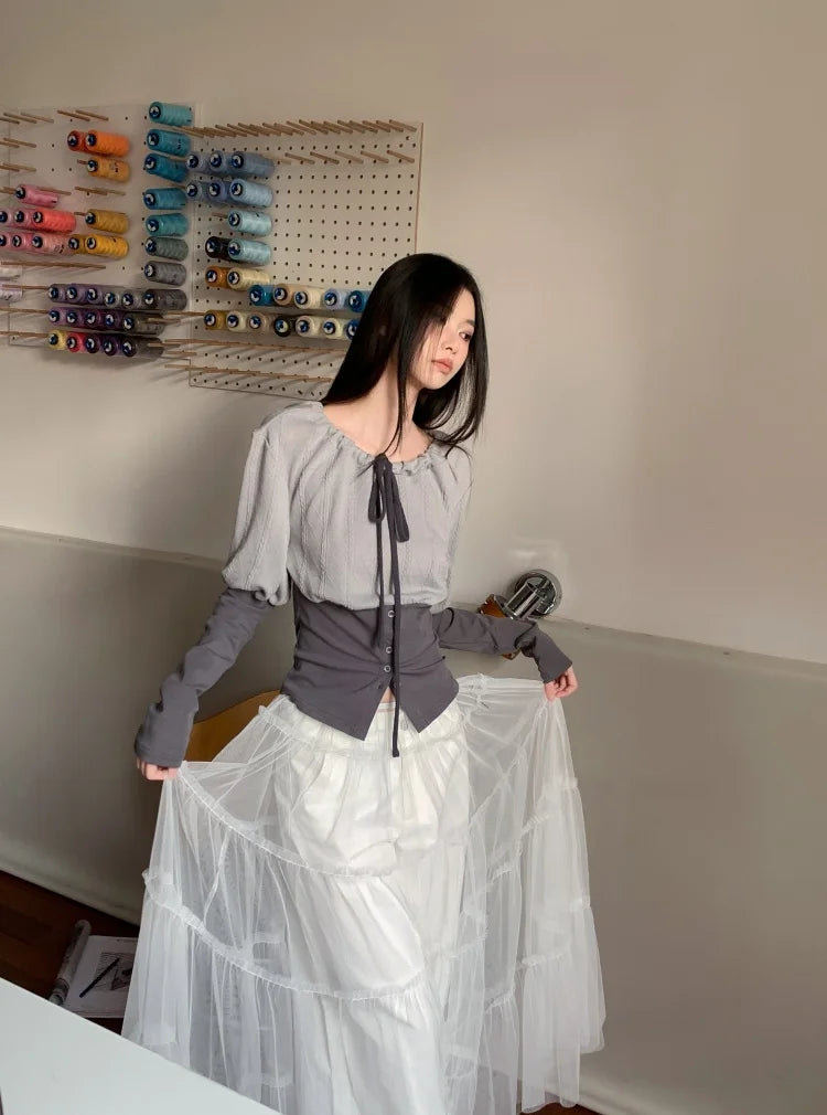CHEERART Fall 2025 Designer Patchwork Long Sleeve Top And Blouse Autumn Clothing Woman Drawstring Tie Neck Fashion Clothes