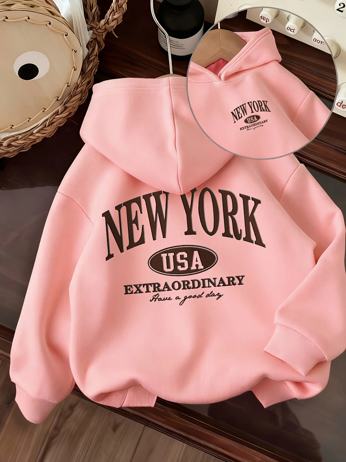 New American-style children's hoodie with New York print and American oval logoPerfect for fall/winter Christmas gifts for kids.