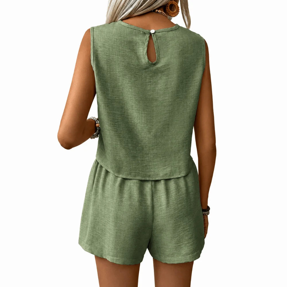 Fashion Solid Color Vest Shorts Set Simple Design Multi-size Casual Outfit Set Sleeveless Top Set Casual Wear