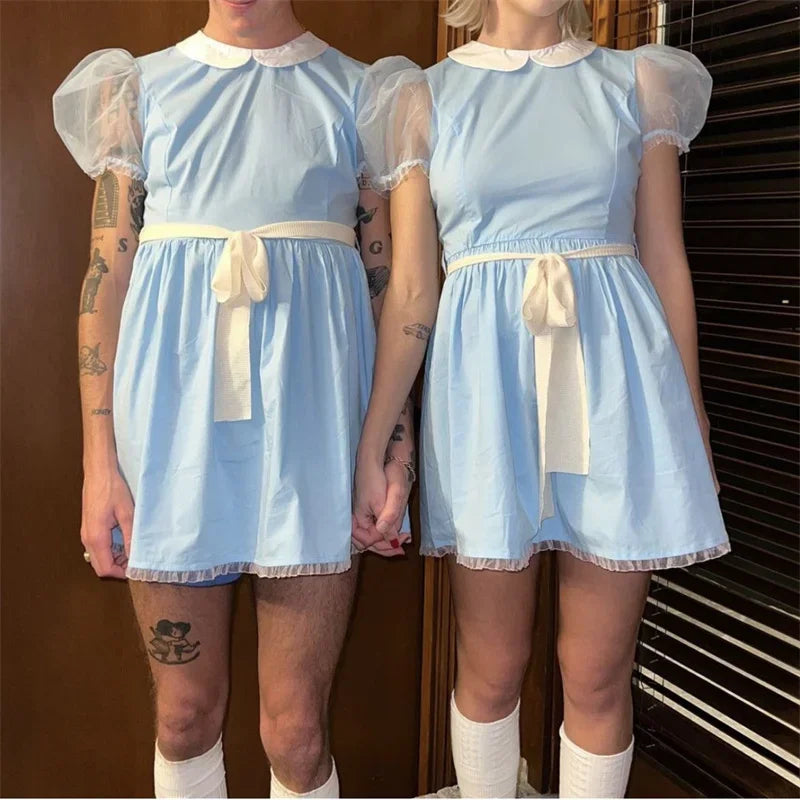 Halloween Creepy Grady Twins Costume for Women Blue Babydoll Dress Cosplay Costume Halloween Fancy Dress Y2k Streetwear