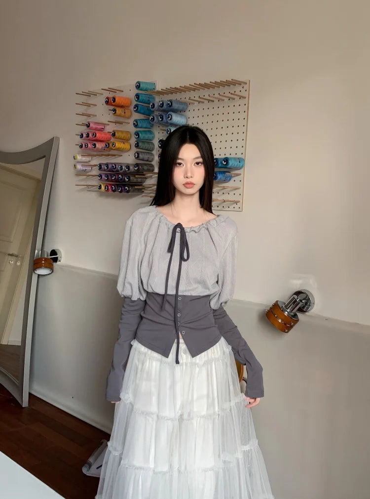 CHEERART Fall 2025 Designer Patchwork Long Sleeve Top And Blouse Autumn Clothing Woman Drawstring Tie Neck Fashion Clothes