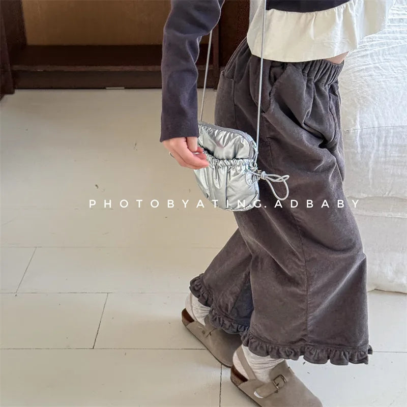 deer jonmi 2026 New Spring Baby Girls Wide Leg Pants Floral Printed Korean Style Corduroy Ruffles Toddlers Kids Casual Trousers