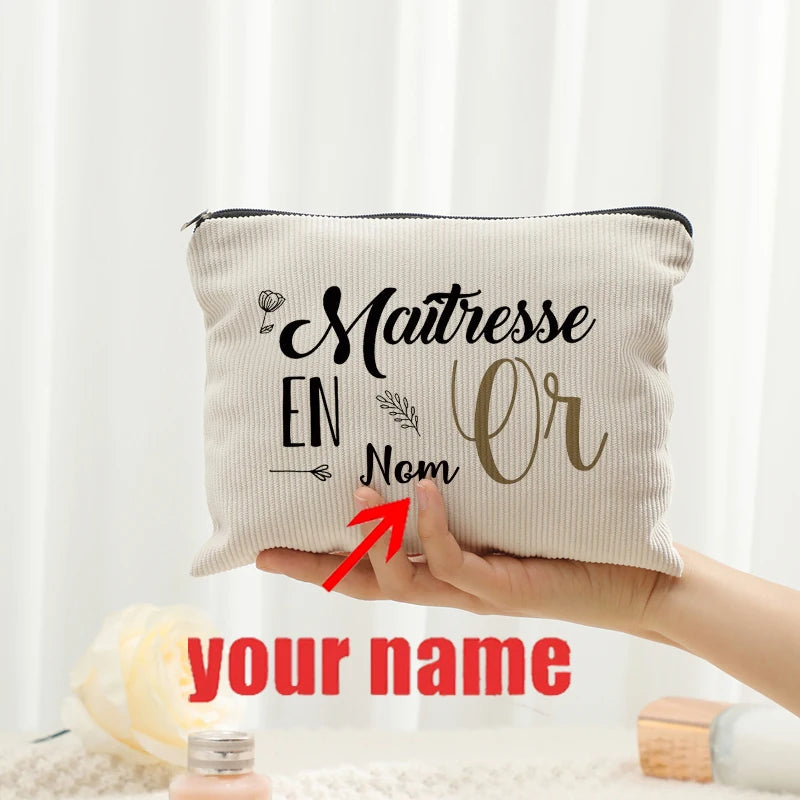 Personalized Floral Maitresse Appreciation Cosmetic Bag Custom Name Toiletry Case Gift for Educators End of School Year Present