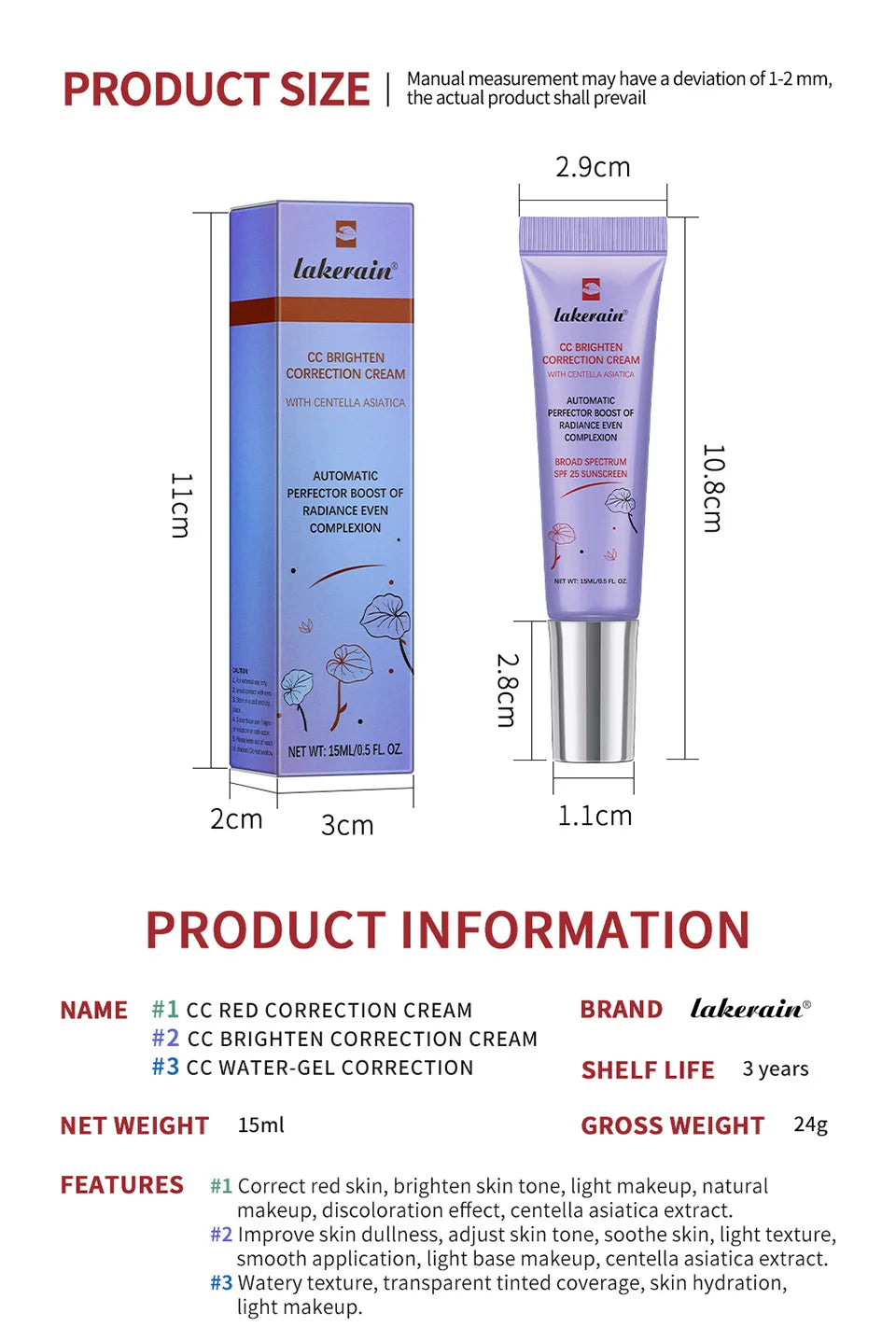 Lakerain Centella Color Changing CC Cream High Coverage Moisturizing Liquid Foundation Korean Face Base Makeup