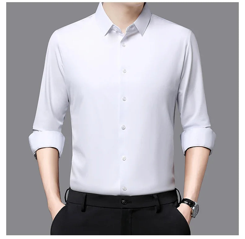 Seamless Anti-wrinkle Business Silky High Elastic Spandex Men's Long-sleeved Shirt Formal Social Non-iron Solid Color Casual