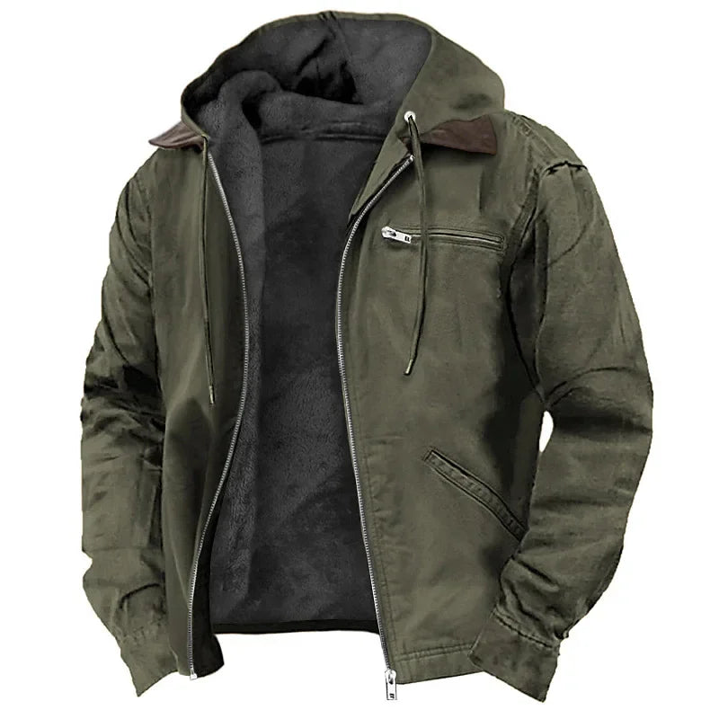 2026 New Fashion European and American Cross-border E-commerce, Solid Color Hooded Cotton Clothes Casual Men's Clothing Velvet Zipper Pocket Jacket Jacket
