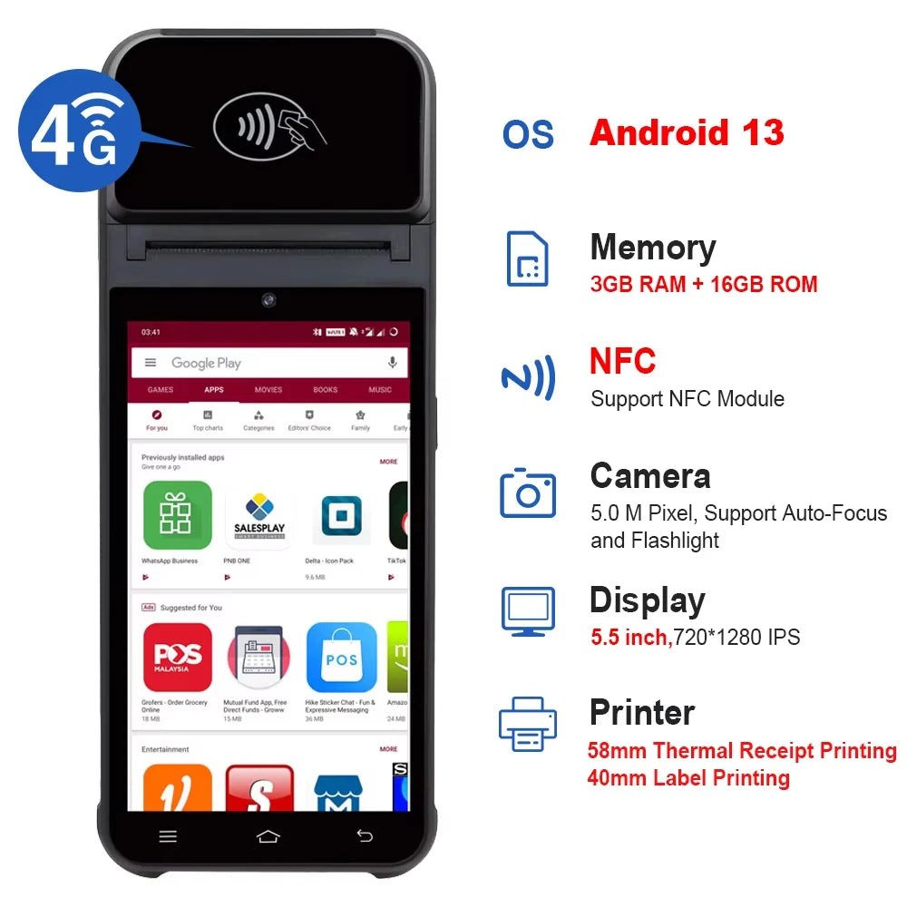 Android 13/14 Handheld POS Terminal PDA Printer 58/80mm Portable Receipt Thermal Printer NFC All-In-One POS System Ticket Maker