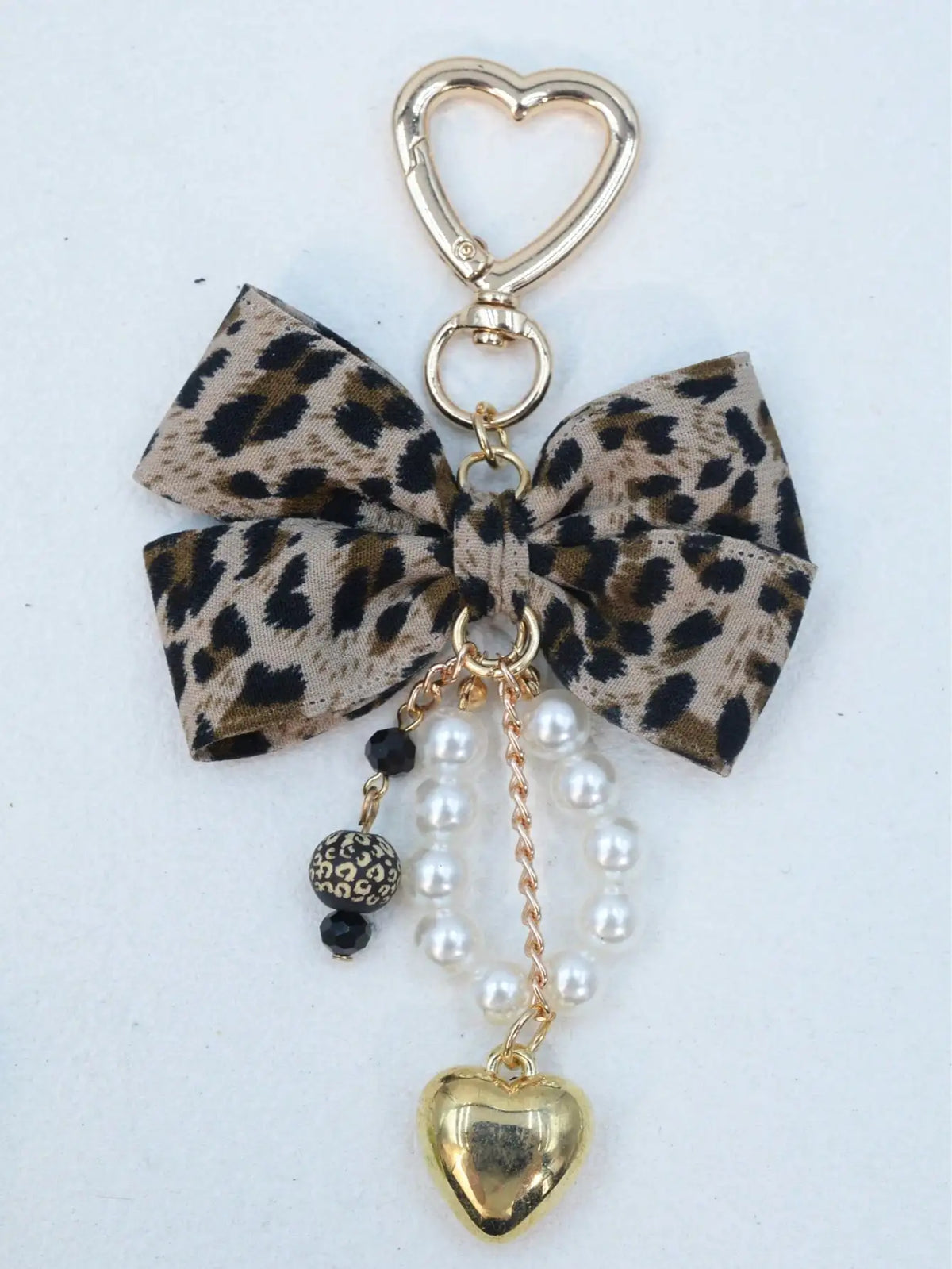 Leopard Print Bow Keychain Heart Pendant Women's Bag Simple Charm Pearl Keychain Beaded Charm Gift For Women