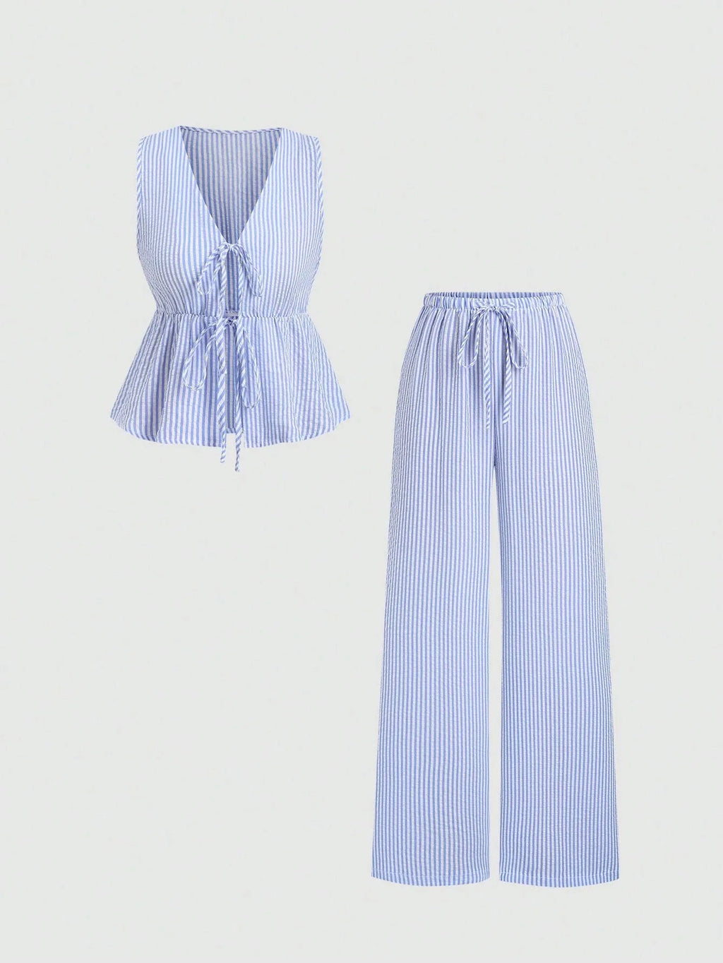 2026 European‑style Summer Solid‑Color Striped Outfit, Tie‑Strap Tank Top & Loose Trousers, Casual Sweet Two‑Piece Set