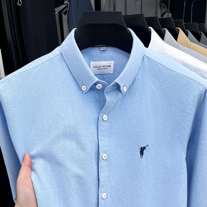 High End 100% Pure Cotton Long Sleeved Men's 2026 Spring Fashion Solid Color Business Casual Small Horse Logo Shirt