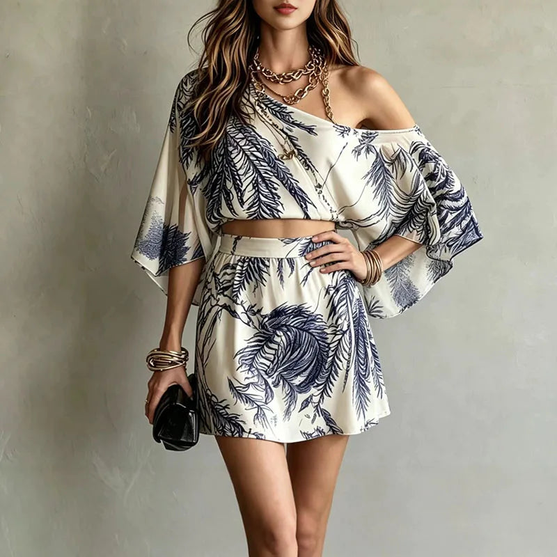 Fashion Leaf Print Bohemian Vacation Outfit Sexy Skew Collar Hollow Top+A-Line Skirts Women's Suit Spring Flare Sleeve Loose Set