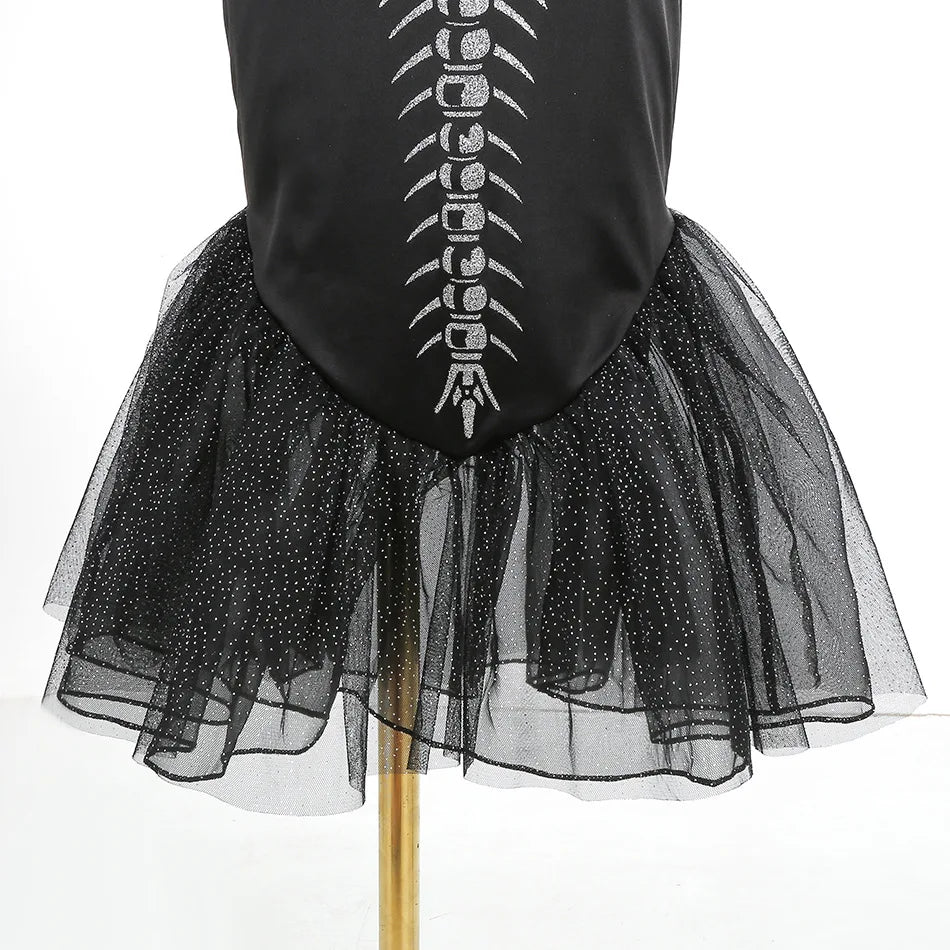 2-10Yrs Girls Halloween Party Skeleton Print Mermaid Princess Dress Gothic Style Black Trumpet Skirt Siren Ariel Cosplay Costume