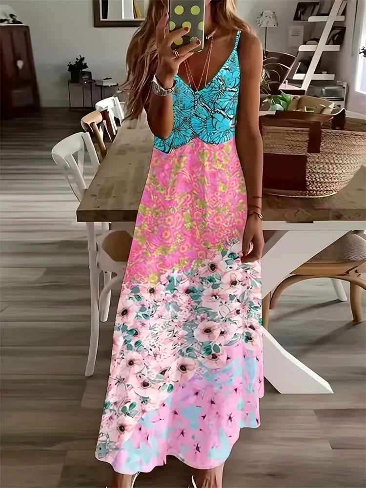 2024 New Women's Vintage Print Sleeveless Floor-Length Sundress Fashion V-Neck Slip Dress Bohemia Casual Loose Holiday Clothing