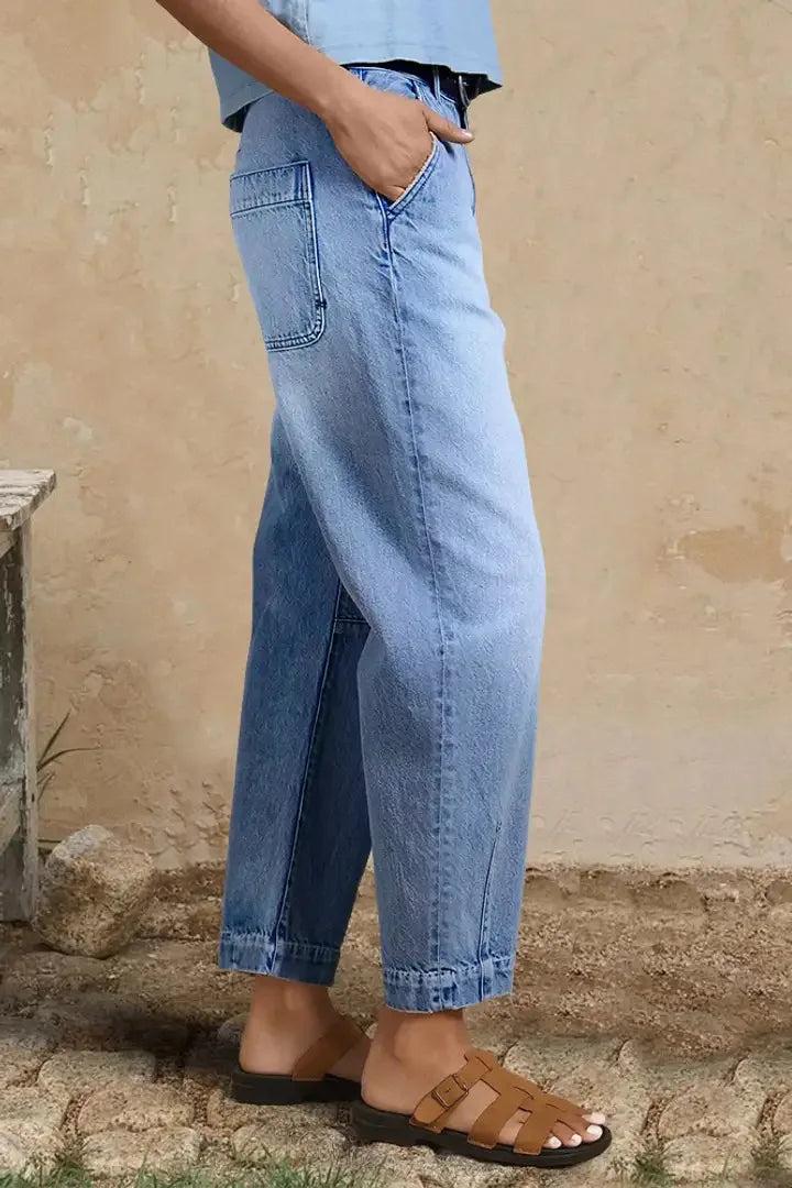 New Women High Waist Loose Straight‑Leg Cropped Jeans Washed Vintage Denim Ankle Pants Casual Daily Streetwear Denim Trousers