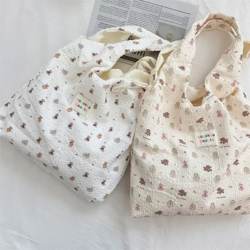 Female Tote Shopping Bag Eco Handbag Reusable Grocery Shopper Purse Korean Women Sweet Cartoon Shoulder Bag Books Pouch