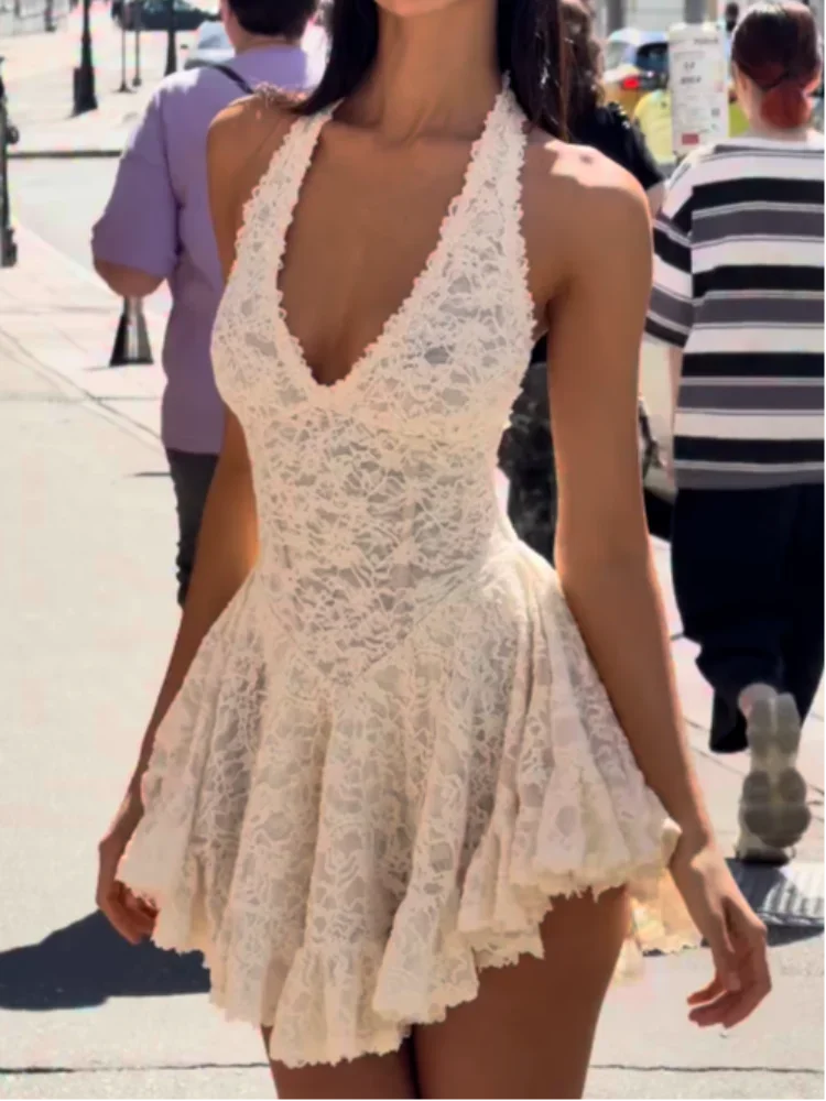 Hot Sweetheart Deep V Neck Halter Short Dress Lace Backless Waist Cinched Slim Vestidos 2026 Summer Beach Vacation Date Dresses