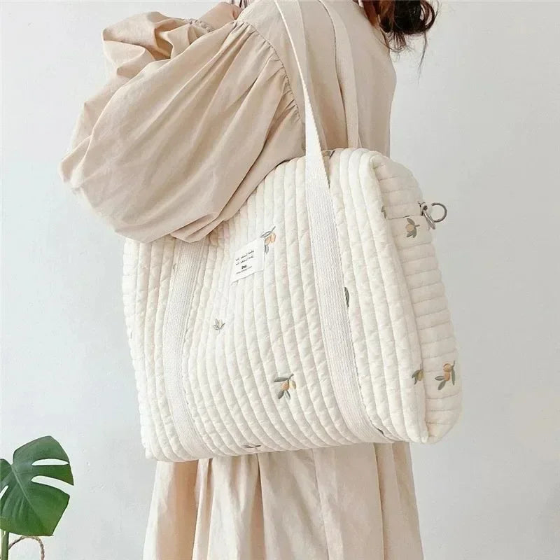 Korea Style Newborn Baby Care Diaper Mummy Shoulder Bag Embroidery Quilted Stroller Diaper Storage Organizer Large Handbags