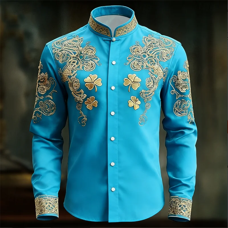 New Men's Floral Long Sleeved Shirt with Gold 3D Clover Print, Fashionable and Luxurious Long Sleeved Shirt Top