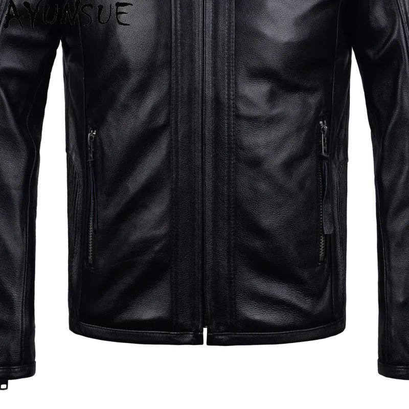AYUNSUE Pure Cowhide Men Leather Jacket Fashion Stand Collar Short 100% Genuine Cow Leather Real Jacket Slim-fit Motorcycle Wear