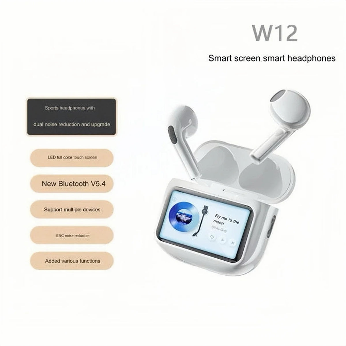Multi-language New Arrival Headphones W12ENC Noise Reduction Smart Screen Waterproof Sports Bluetooth Headset Headphones Factory