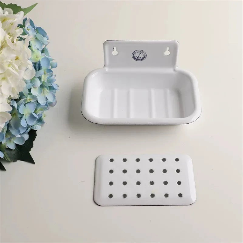Vintage Enamel Soap Dish with Wall Mount, White, 6.1 X 3.9 X 3 Inches, Multiple Decorative Patterns