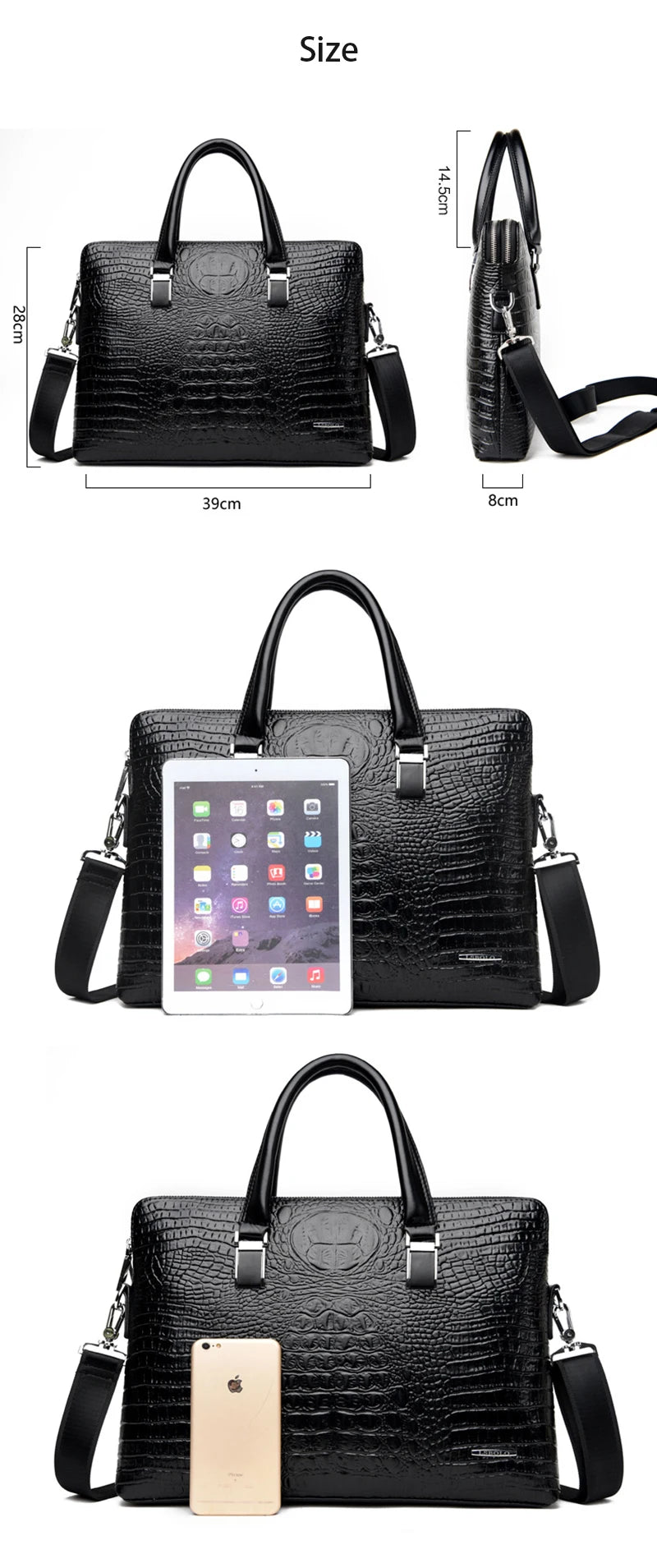 PU Leather Briefcase Bag Man Crocodile Alligator Tote Handbag Laptop 14 Computer Male Shoulder Business Messenger Portable Bag