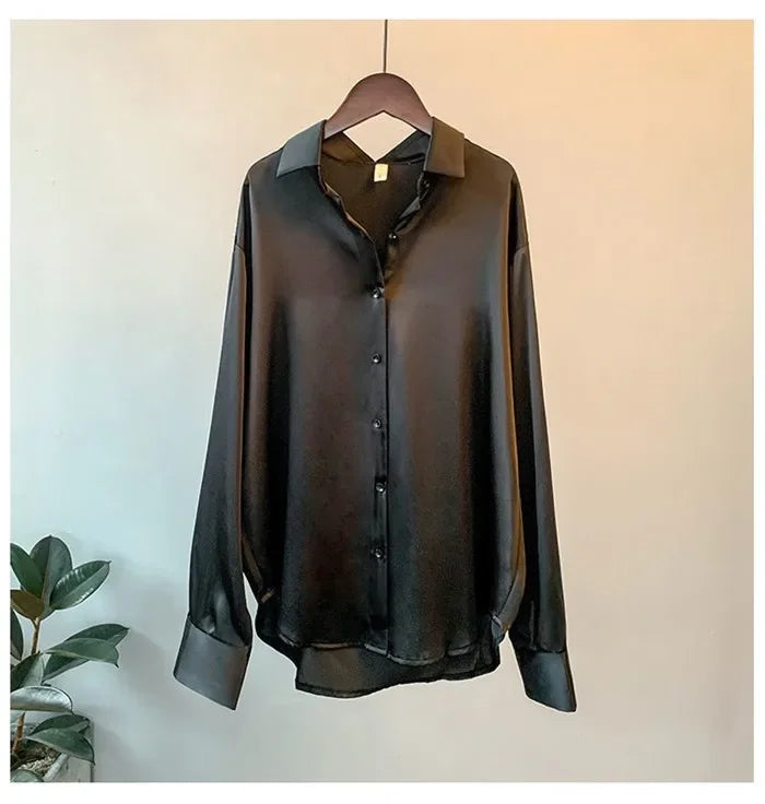 Fall Turn-down Collar Elegant Satin Loose Women Shirt 2026 Plus Size Blouse Autumn Vintage Casual Button Silk Tops