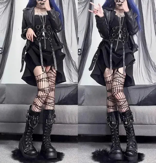 Motorcycle Boots Platform Boots for Women Wedges Knee High Black Lace Up Fashion Goth Gothic Boots Punk Shoes Girls Winter