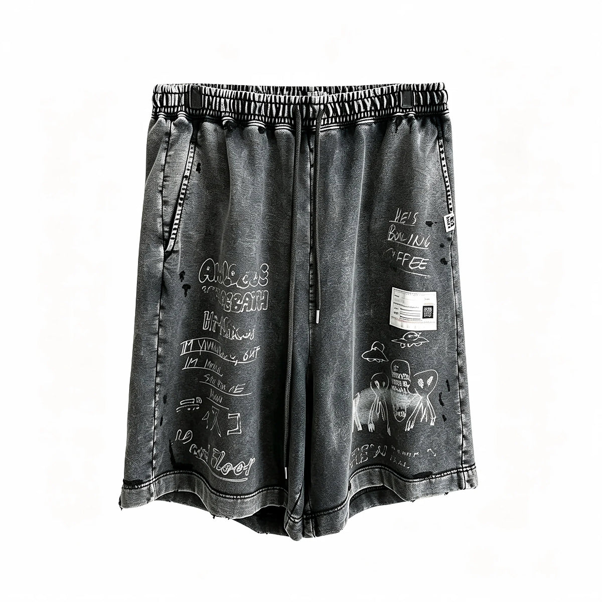Vintage Washed Distressed Sweat Shorts Men Women Unisex American Streetwear Graffiti White Ink Digital Print Drawstring Elastic