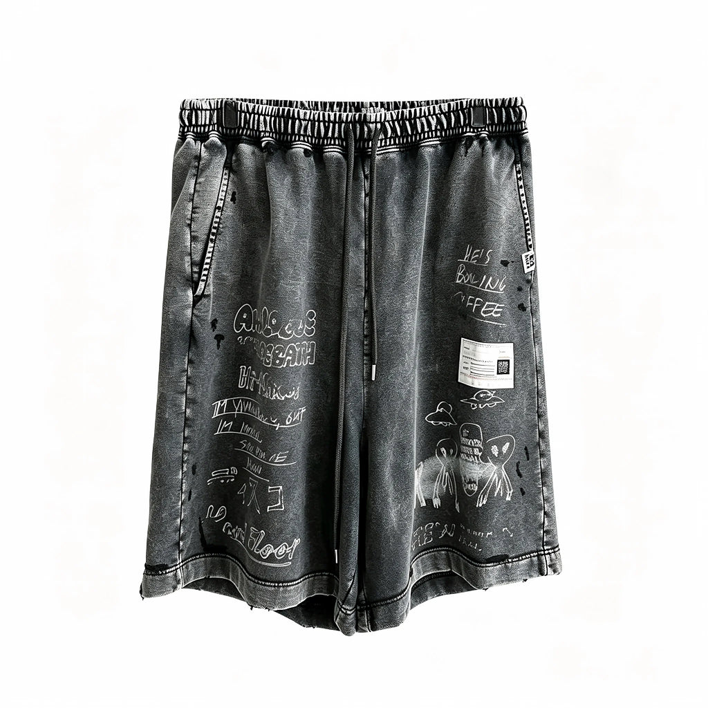 Vintage Washed Distressed Sweat Shorts Men Women Unisex American Streetwear Graffiti White Ink Digital Print Drawstring Elastic