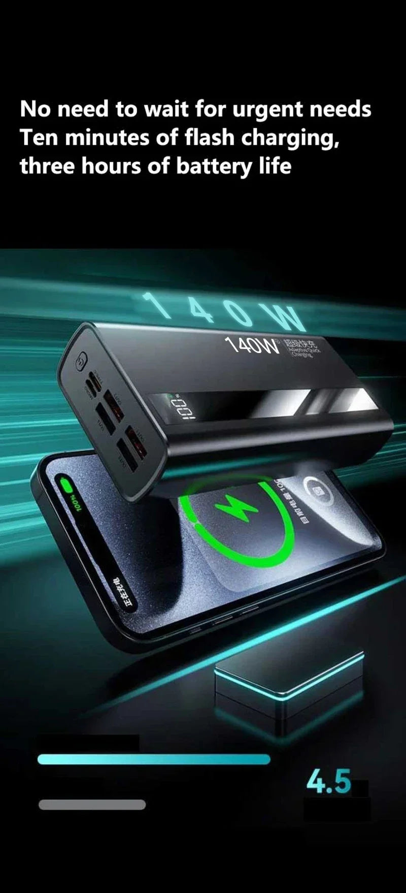Lenovo CCC 500000mAh 140W Powerbank Super Fast Charging Portable Ultra Capacity Battery Charger LED Digital Display