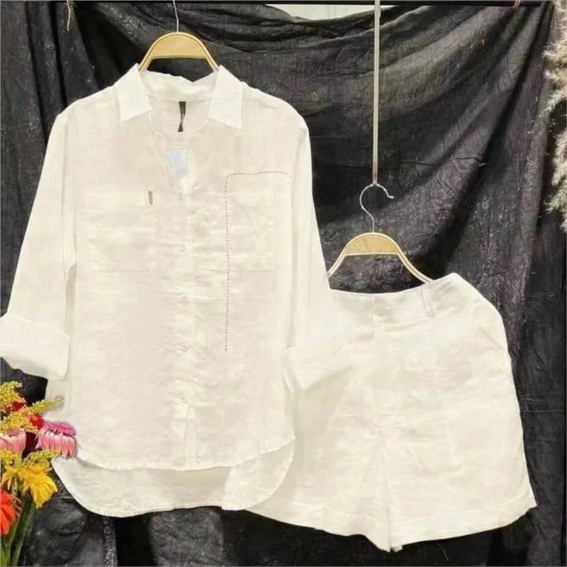 2025 Summer Cotton Linen Casual Shirt Two Piece Set For Women Shorts 2 Piece Sets Outfit Long Sleeve Short Sets Outfits Home