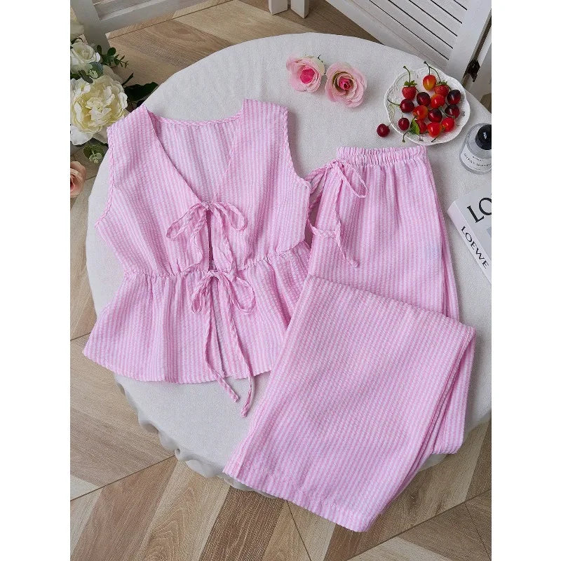 Summer Solid Color Tie Pants Set Stripe Casual Sweet Versatile Loose Comfortable Vacation Daily Two Piece Set