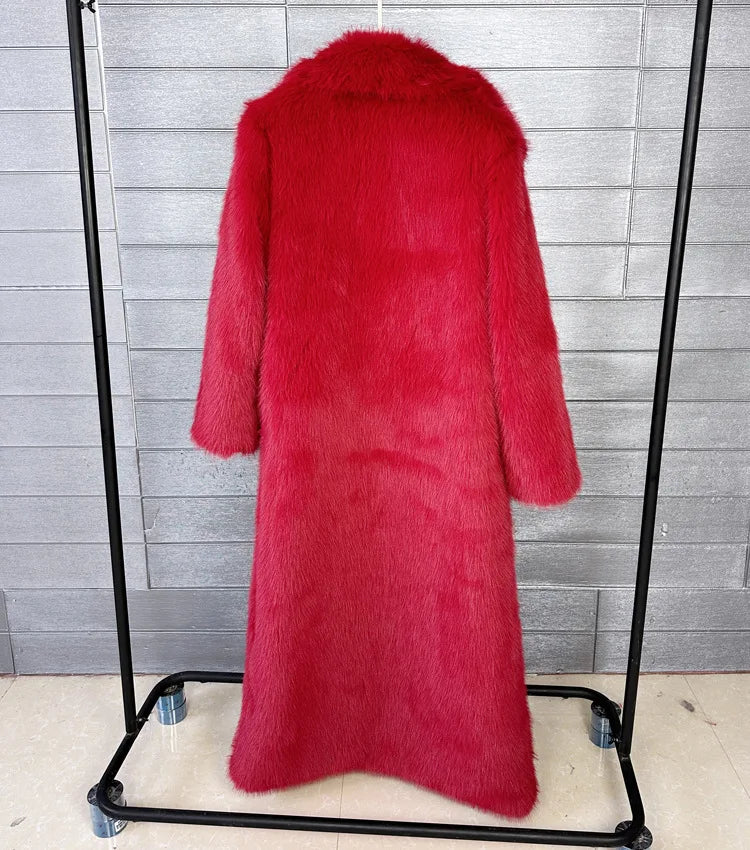 Long Faux Fur Coat Women Autumn Winter Large Jacket Overcoat White Turn Down Collar Pockets Thick Coat Warm Jackets Maxi Coats
