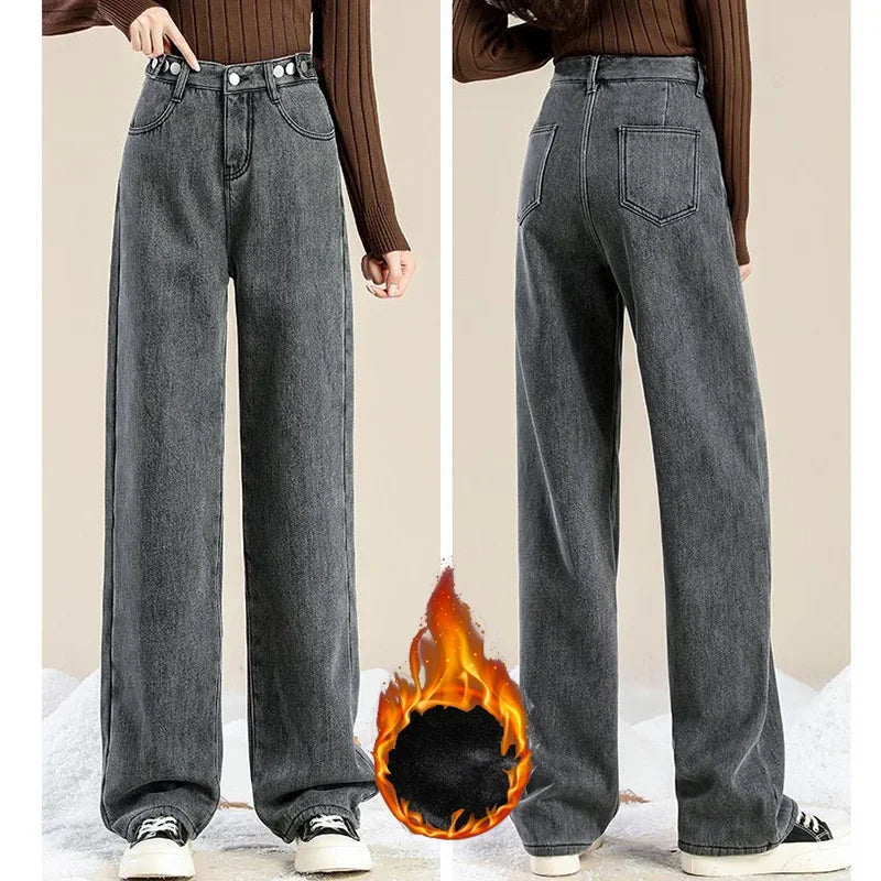Hot Sale Winter Lady Thermal Plush High Waist Jeans Girls Snow Warm Denim Pants Women Classic Fleece Straight Leg Trousers