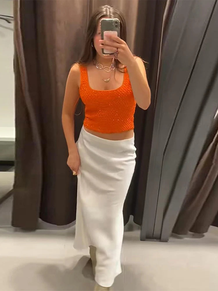 Women's Tank Tops Knitted Sequined Vests Summer Female Square Collar Sleeveless Backless Bodycon Crop Top Chic Lady Knitwear New