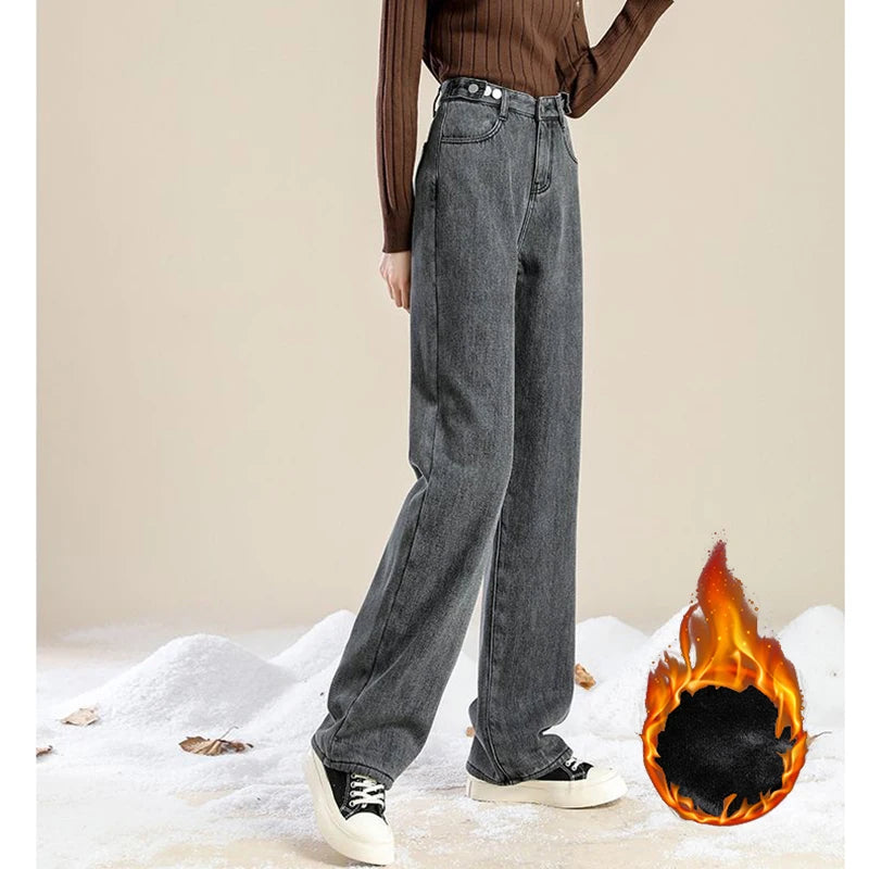 Hot Sale Winter Lady Thermal Plush High Waist Jeans Girls Snow Warm Denim Pants Women Classic Fleece Straight Leg Trousers