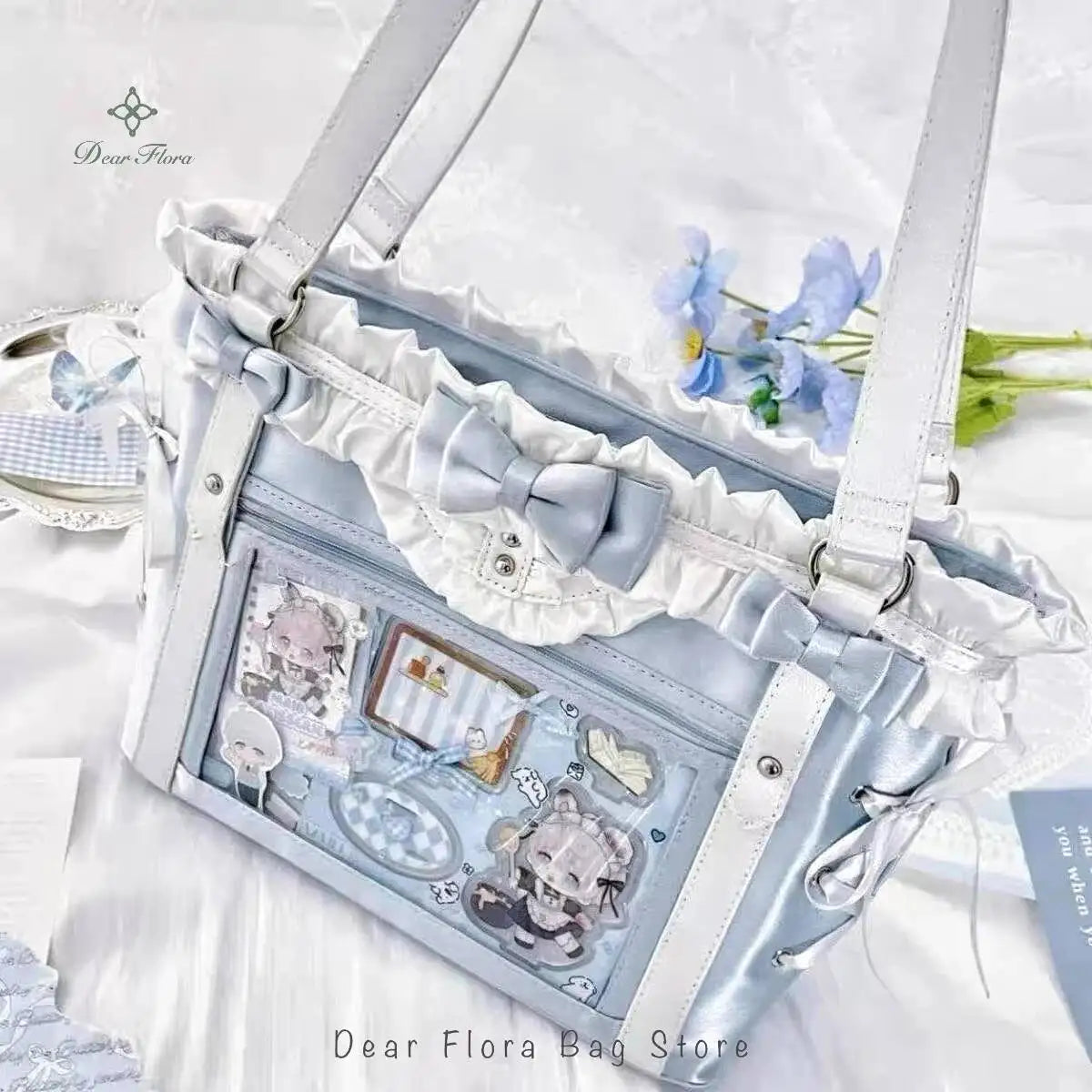 Japanese Sweet Women Ribbon Ita Bag Fashion Large Capacity Tote Bag Aesthetic Shoulder Bag Cute Lolita Girl Transparent Handbags