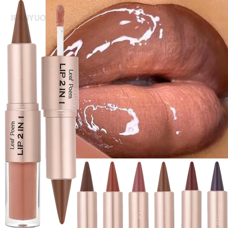 2 In 1 Dark Plum Pink Lip Makeup Matte Outline Lip Liner Mirror Plumping Lip Glaze Waterproof Lip Contour Non Stick Makeup