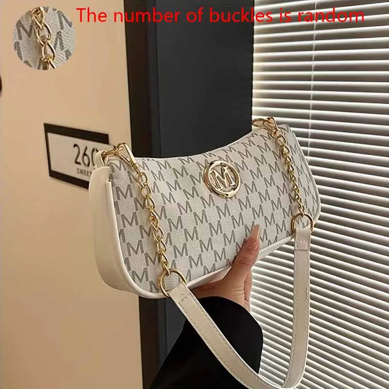 Women Vintage M Monogram Shoulder Bag Gold Chain PU Leather Crossbody Baguette Bag Casual Underarm Handbag For Ladies Daily Use