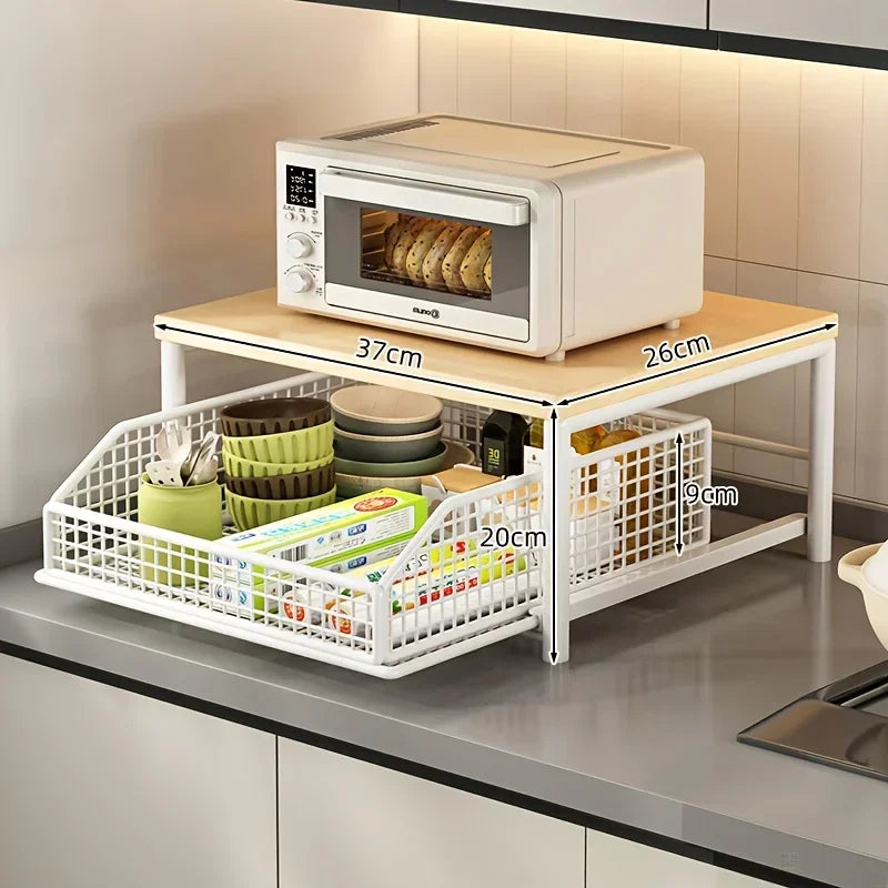 Microwave Oven Rack, 2-Tier Kitchen Countertop Storage Organizer, Solid Wood & Metal Shelf for Appliances, Spices & Tableware