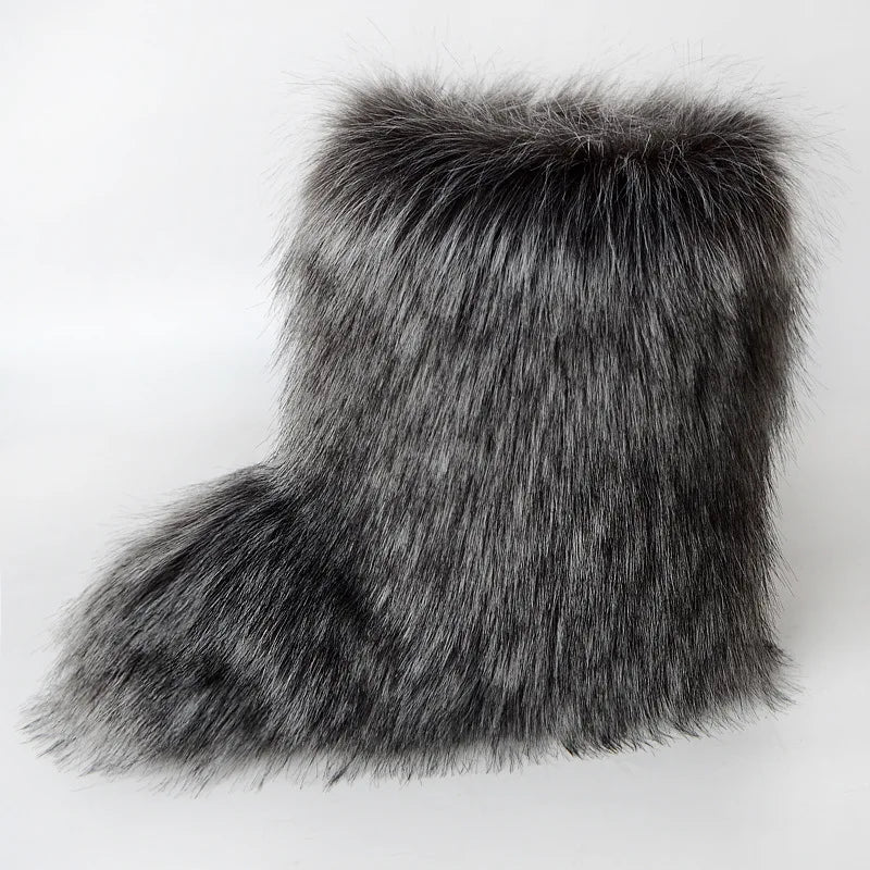 Women's Winter Snow Boots Outdoor Luxury Furry Faux Fox Fur Boots Woman Plush Warm Platform Shoes New Fashion Bottes Big Size 46