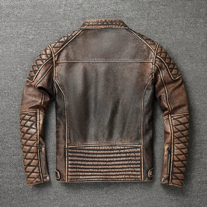 NEW Men's Vintage Motorcycle Jacket Stand Collar Natural Cowhide Jacket Classic Top Layer Cowhide Moto Suit Biker Clothing