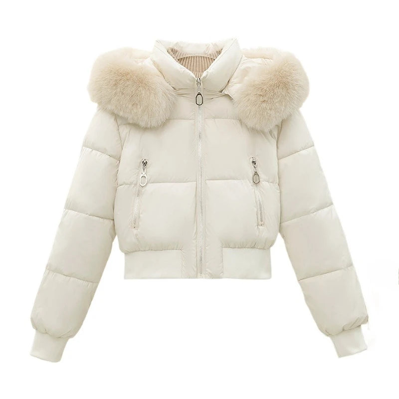 American Waistedn Big Fur Collar Hooded Short Cotton Coat for Women Winter New Fashionable Hat Detachable Casual Slimming Jacket