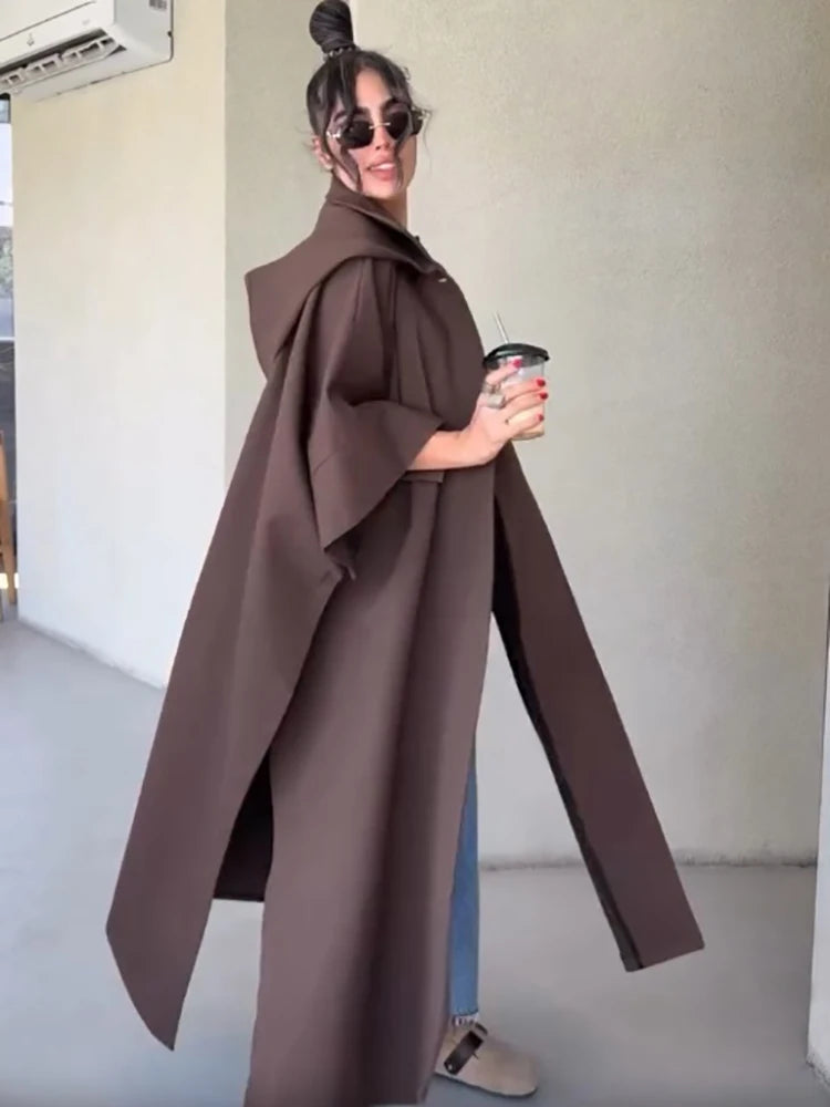 Fashion Solid Cape‑style Long Overcoat Women Oversize Hooded Self‑tie‑belt Wide 3/4 Sleeve Trench Coat New Fall Female Outerwear