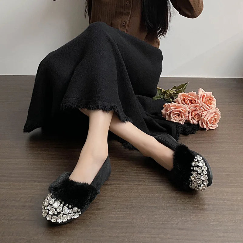 Luxury Glitter Rhinestone Ladies Plush Flat Shoes Female Cozy Crystal Decorate Loafers Winter Warm Walking Driving Shoes Casual