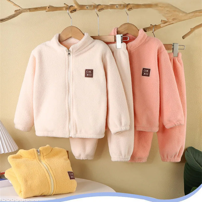Plush Sets Children Autumn Winter Warm Fleece Suits Baby Thickened Cardigan Top+Pants 2Pcs Outfits Boys Girls Homewear Clothing