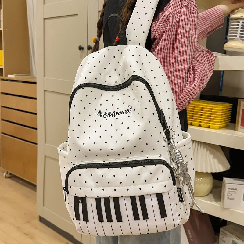 Polka Dot Piano Keyboard Backpack Back-to-school Girl Music Theme Embroidered Nylon Backpack Large Capacity Lightweight Backpack