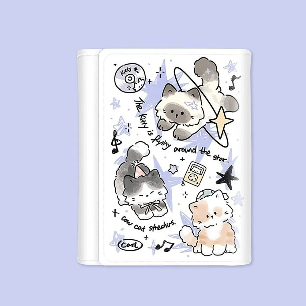 Vintage 3 Folds Money Coin Purse PU Leather Cute Kitten Dog Wallet Money Bag INS Style Card Wallets for Girls Students Gift