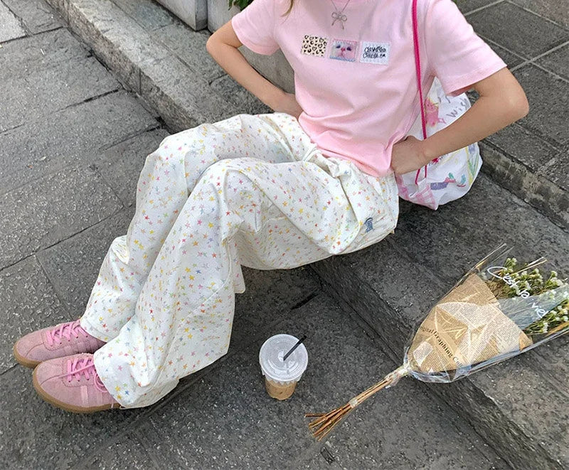 Korean Vintage Stars Print Letter Cargo Pants Women Fashion High Waist Wide Leg Trousers Casual Loose Preppy Style Female Pants